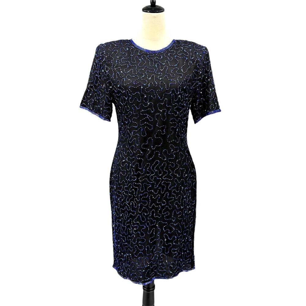 Vintage Denise Elle Black Chiffon Silk Blue Beaded Embellished Cocktail Dress